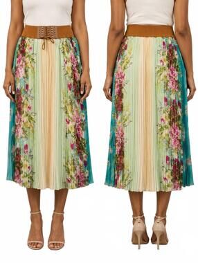 Mint Green Women's Pleated Maxi Skirt Features A Colorful Floral Print With Soft